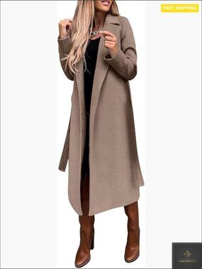 Long Wool Pea Coat Notched Collar Open Front Belted Trench Coat Classic